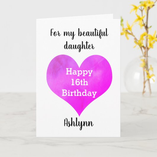 Waterverf Roze Paars hart 16e verjaardag Kaart (Gele Bloem)