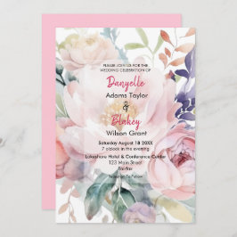  Waterverf Roze Paarse Bloemen Bruiloft Kaart