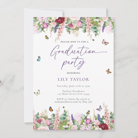 Waterverf Roze Paarse Bloemen Foto Afstuderen Kaart (Voorkant)