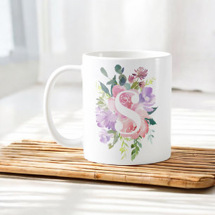 Waterverf Roze paarse bloemen legant monogram Koffiemok