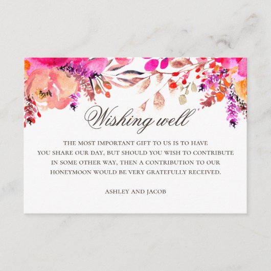 Waterverf roze paarse bloemenbruiloft die goed wen informatiekaartje (Voorkant)