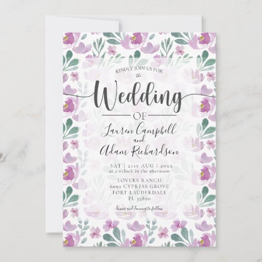 Waterverf roze Paarse bruiloft Uitnodiging (Voorkant)