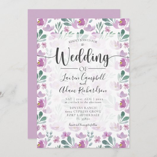 Waterverf roze Paarse bruiloft Uitnodiging (Voorkant / Achterkant)