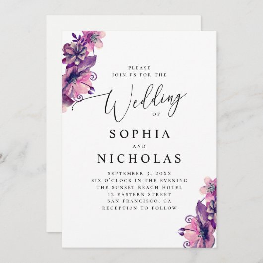 Waterverf roze paarse florale script bruiloft kaart (Voorkant / Achterkant)