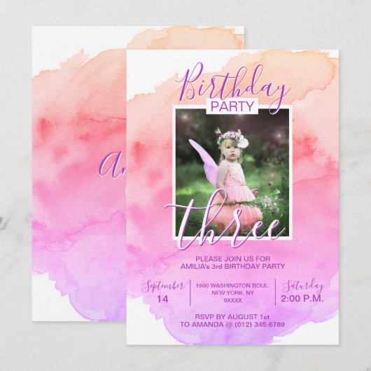 Waterverf Roze Paarse Meisje 3e DRIE JAAR Kaart (Voorkant / Achterkant)