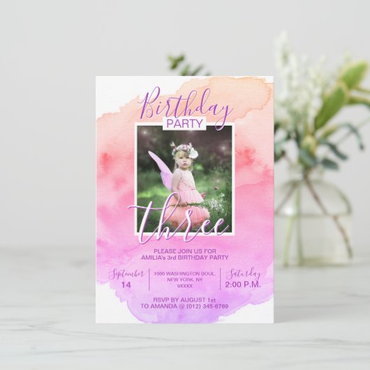 Waterverf Roze Paarse Meisje 3e DRIE JAAR Kaart (Staand voorkant)