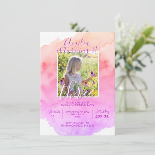 Waterverf Roze Paarse Meisje 3e VERJAARDAGSFEEST Kaart (Staand voorkant)