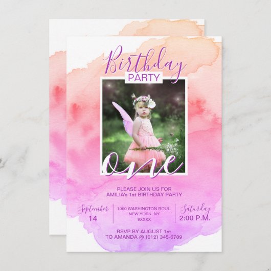 Waterverf Roze Paarse Meisje VERJAARDAG 1e EEN JAA Kaart (Voorkant / Achterkant)