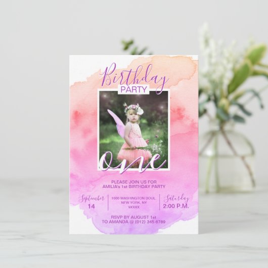 Waterverf Roze Paarse Meisje VERJAARDAG 1e EEN JAA Kaart (Staand voorkant)