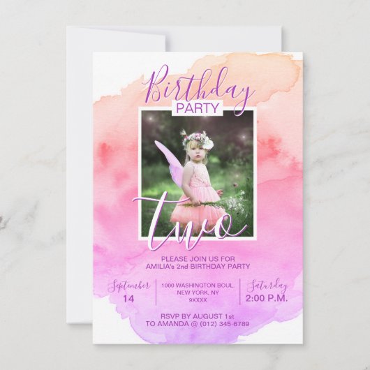 Waterverf Roze Paarse Meisje VERJAARDAG 2de TWEE J Kaart (Voorkant)