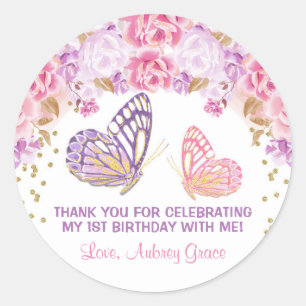 Waterverf roze paarse vlinder ronde sticker