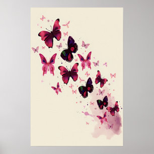 Waterverf Roze & Paarse Vlinderkunst Poster
