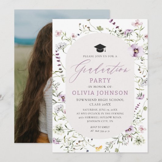 Waterverf Roze Paarse Wildflower Afstuderen Kaart (Voorkant / Achterkant)