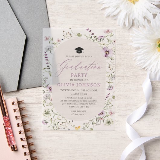 Waterverf Roze Paarse Wildflower Afstuderen Vellum Uitnodigingen (Huwelijk)