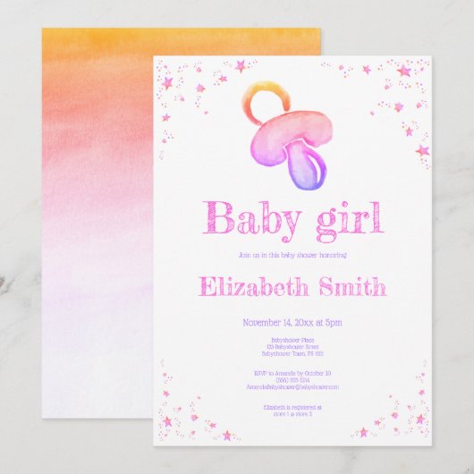 Waterverf roze pacifier babyshower kaart (Voorkant / Achterkant)