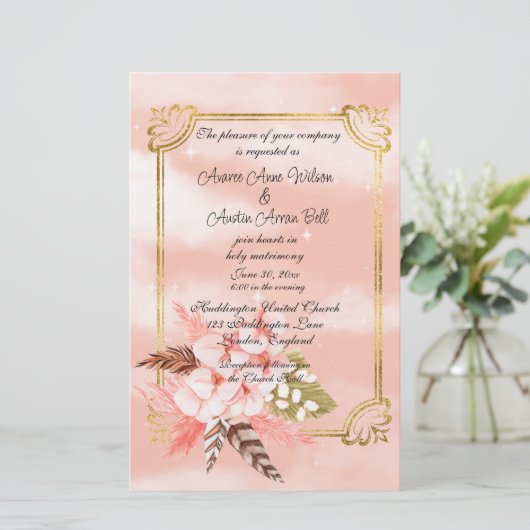 Waterverf Roze Pampas Grass en Goud (Staand voorkant)