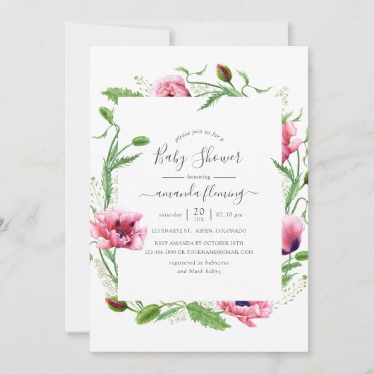 Waterverf Roze papaver Baby shower Kaart (Voorkant)