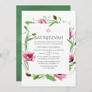 Waterverf Roze papaver Bat Mitzvah Kaart