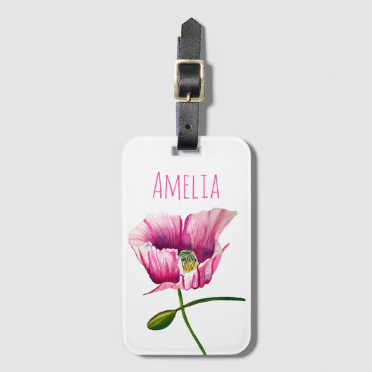 Waterverf roze papaver  bloem bagagelabel (Voorkant (verticaal))