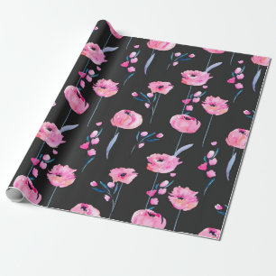 Waterverf roze papavers en bloemtakken naadloos cadeaupapier