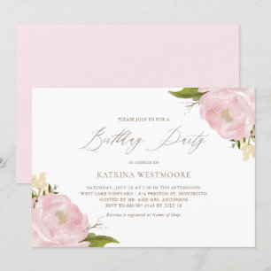 Waterverf Roze Peonies Birthday Party Invitation Kaart