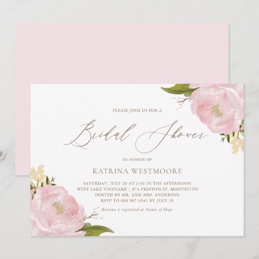 Waterverf Roze Peonies Bridal Shower Kaart (Voorkant / Achterkant)