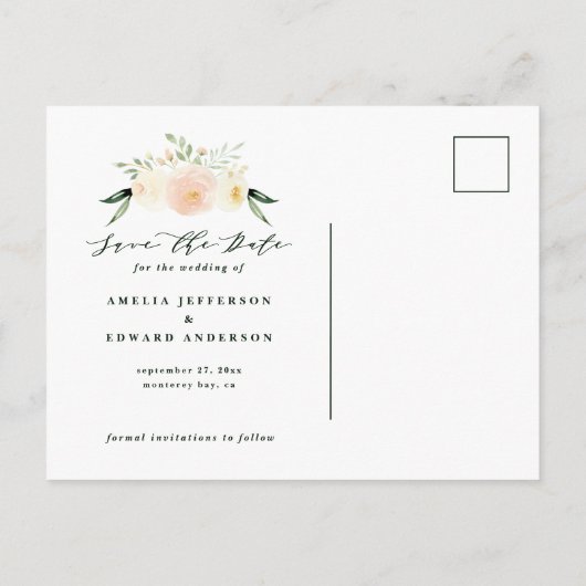 waterverf roze perzik bloem & blad Bruiloft Aankondigingskaart (Achterkant)