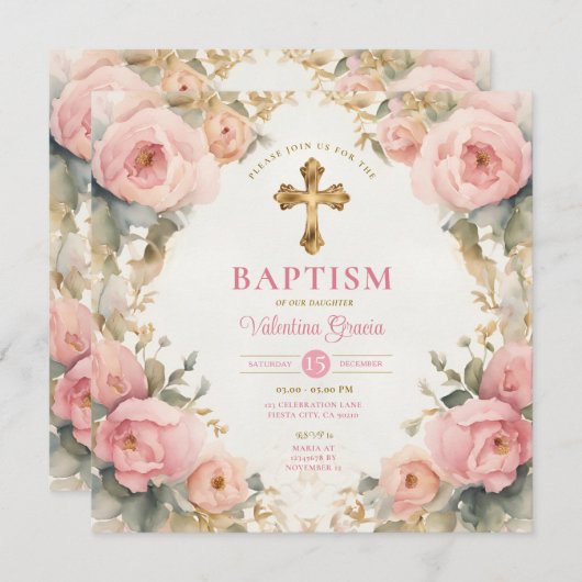 Waterverf Roze Perzik Meisje Doop Kruis Bloemen Kaart (Voorkant / Achterkant)