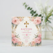 Waterverf Roze Perzik Meisje Doop Kruis Bloemen Kaart (Staand voorkant)