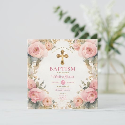 Waterverf Roze Perzik Meisje Doop Kruis Bloemen Kaart (Staand voorkant)