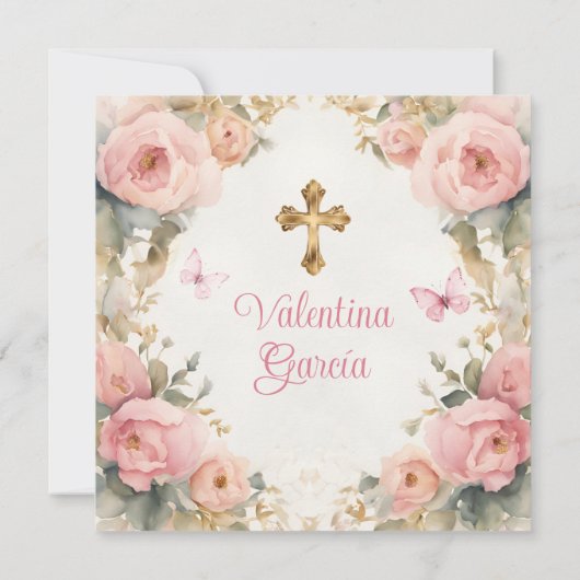 Waterverf Roze Perzik Meisje Doop Kruis Bloemen Kaart (Achterkant)