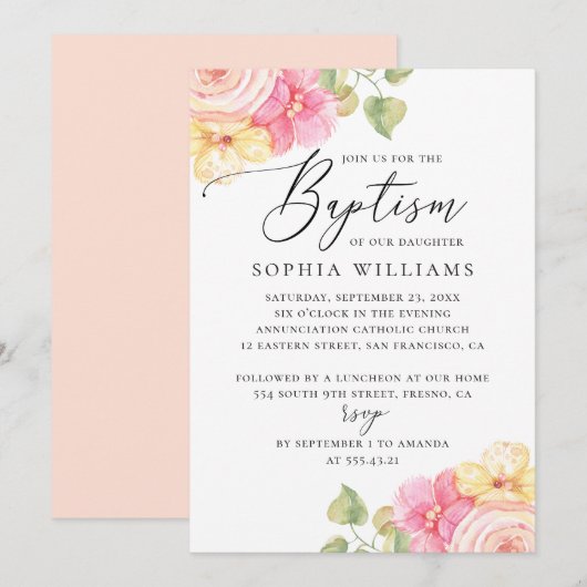 Waterverf roze perzikelegant florale baptisme kaart (Voorkant / Achterkant)