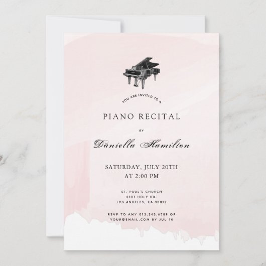 Waterverf Roze Piano Overweging Uitnodiging (Voorkant)