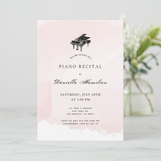 Waterverf Roze Piano Overweging Uitnodiging (Staand voorkant)