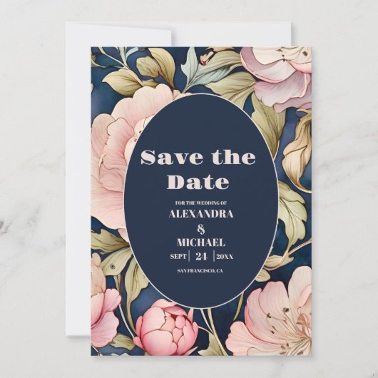 Waterverf roze pioen art nouveau bruiloft save the date (Voorkant)