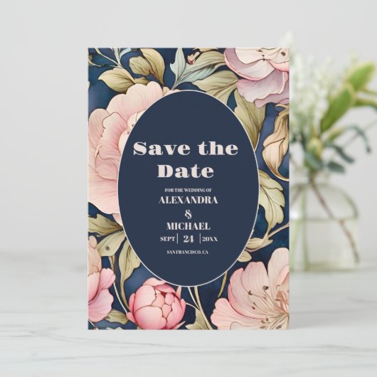 Waterverf roze pioen art nouveau bruiloft save the date (Staand voorkant)