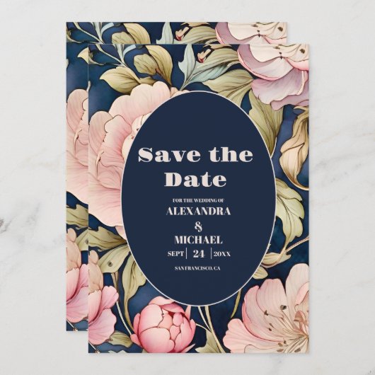 Waterverf roze pioen art nouveau bruiloft save the date (Voorkant / Achterkant)