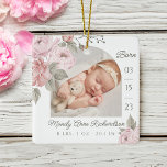 Waterverf Roze Pioen Bloemen Baby Geboorte Stat Fo Keramisch Ornament<br><div class="desc">Nieuwe baby geboorte statistieken foto Kerstmis ornament. Het ontwerp bestaat uit twee foto's, een foto op de voorkant en een foto op de achterkant. Geef de foto van je nieuwe baby weer. De geboortedatum staat ernaast en de naam en geboortestatus van de baby staan eronder. Prachtige bloemstukken met roze bloemige...</div>