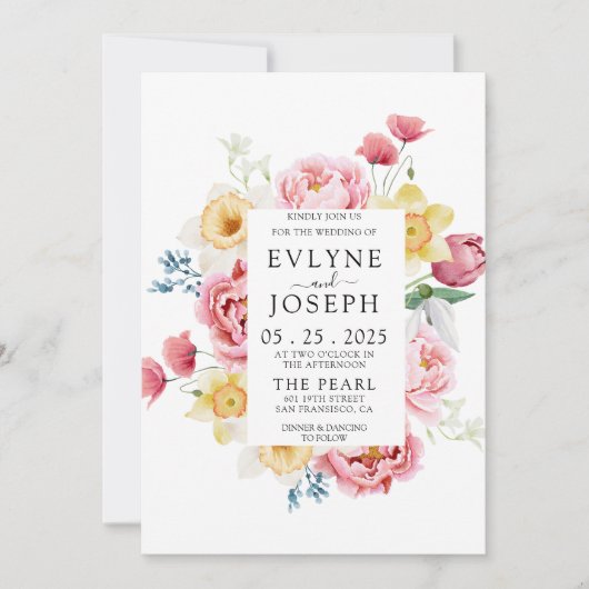 Waterverf Roze Pioen Bloemen Rand Unieke Bruiloft Kaart (Voorkant)