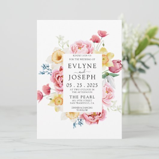 Waterverf Roze Pioen Bloemen Rand Unieke Bruiloft Kaart (Staand voorkant)