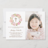 Waterverf roze pioen krans foto eerste communie kaart (Voorkant)