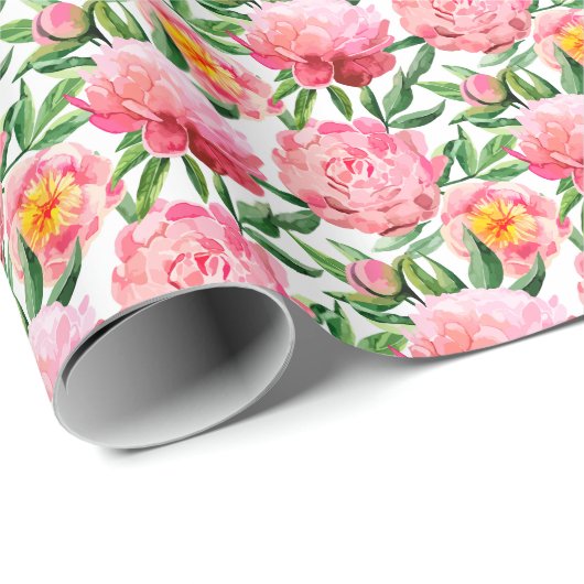 Waterverf Roze Pioenen Bloemen Patroon chic Custom Cadeaupapier (Rol Hoek)