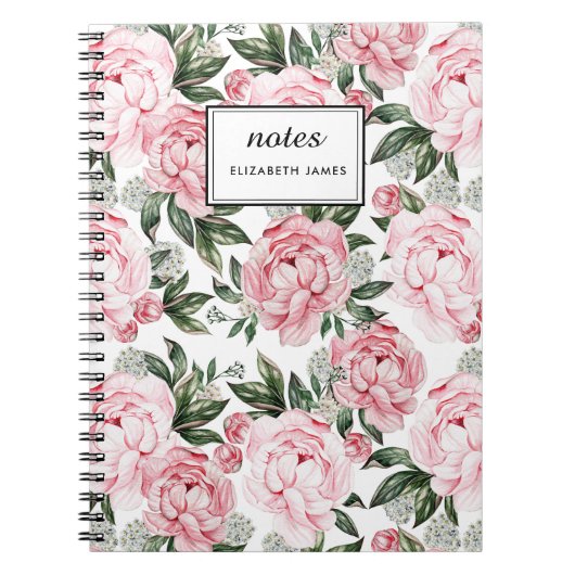Waterverf Roze Pioenen Bloemen Patroon chic Custom Notitieboek (Voorkant)