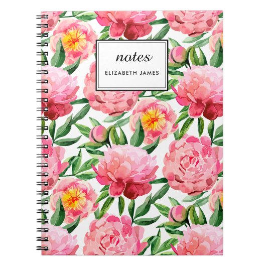 Waterverf Roze Pioenen Bloemen Patroon chic Custom Notitieboek (Voorkant)