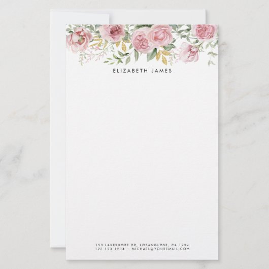 Waterverf Roze Pioenen en Eucalyptus Gouden Krans Briefpapier (Voorkant)