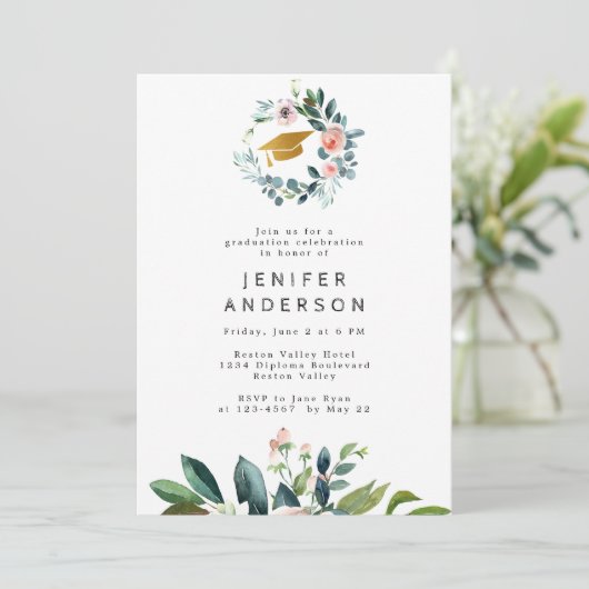 Waterverf roze pioenen krans afstudeerfeest kaart (Staand voorkant)