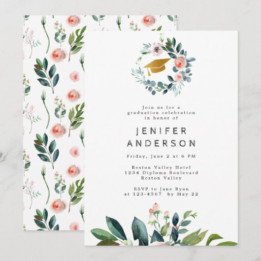 Waterverf roze pioenen krans afstudeerfeest kaart (Voorkant / Achterkant)