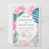 Waterverf roze pioenen palmboom tropen bruiloft kaart (Voorkant)