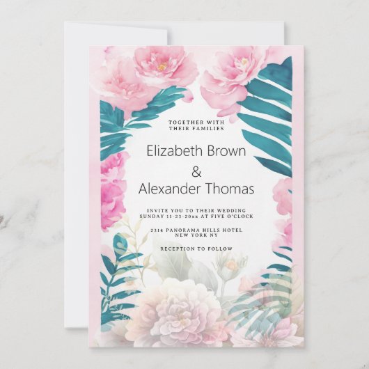 Waterverf roze pioenen palmboom tropen bruiloft kaart (Voorkant)
