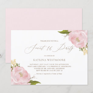 Waterverf Roze Pioenen Sweet Sixteen Invitation Kaart